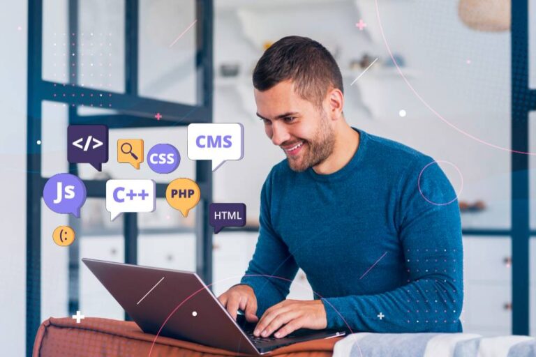 Man typing on laptop, coding icons.