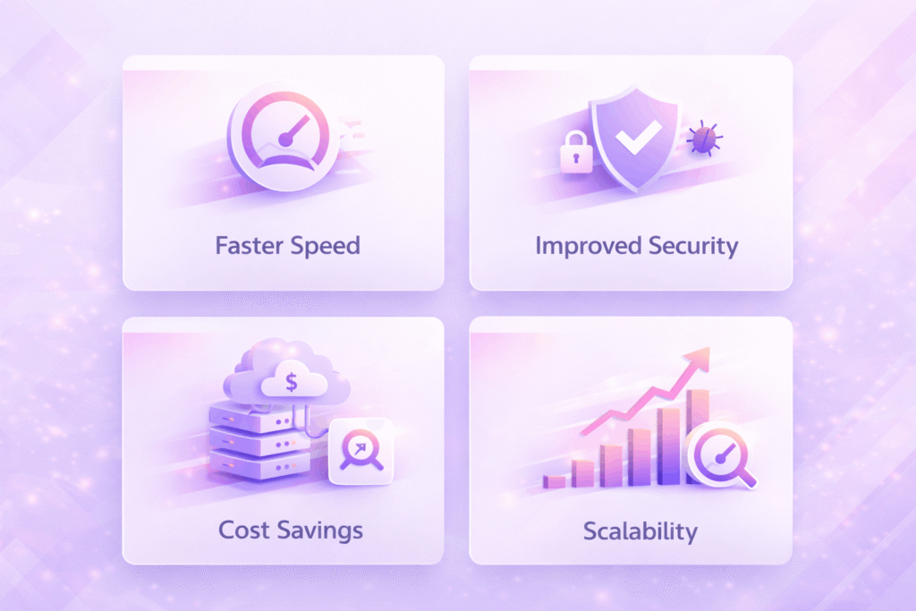 Four icons: speed, security, savings.