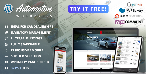 Automotive WordPress theme promo.