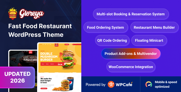 Fast food WordPress theme promo.