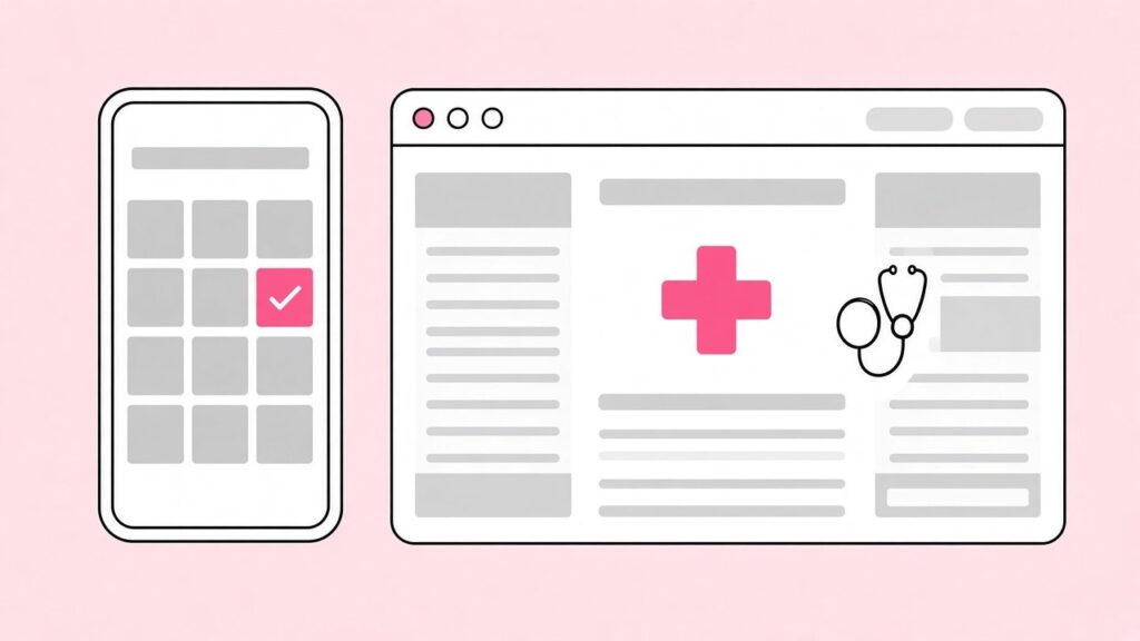 Illustration of a phone booking calendar next to a clinic website layout