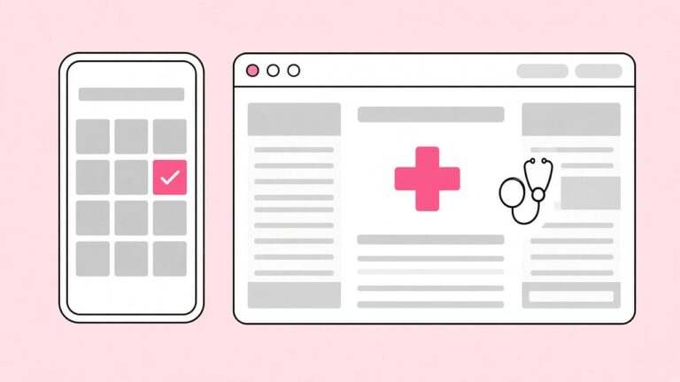 Illustration of a phone booking calendar next to a clinic website layout