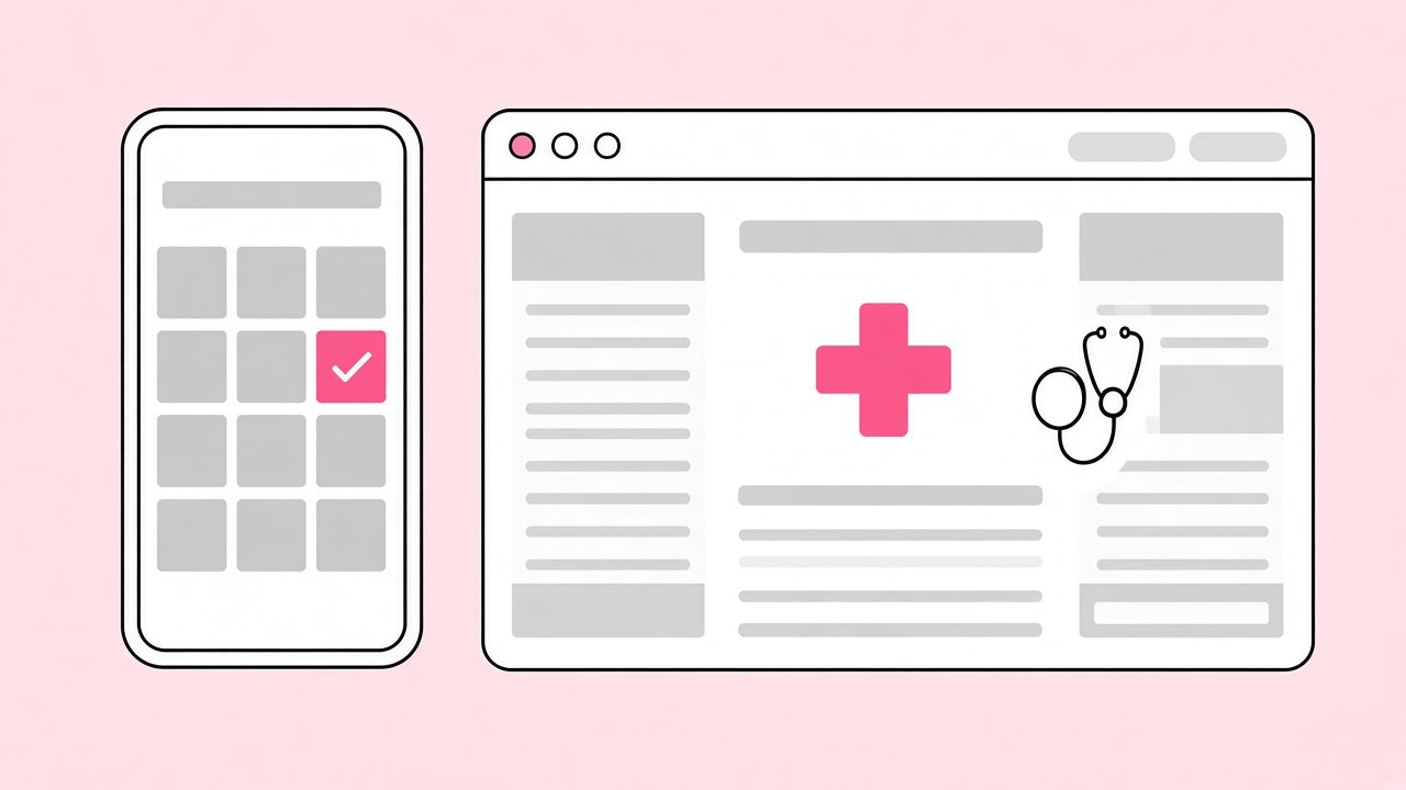 Illustration of a phone booking calendar next to a clinic website layout