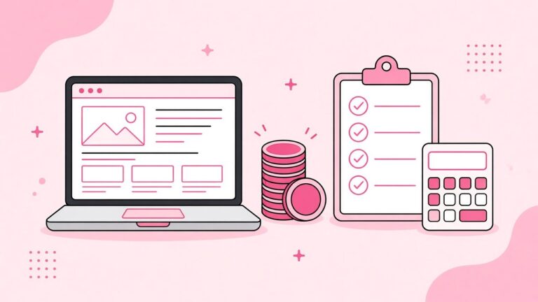 Illustration of a laptop with a website layout, coins, a checklist and a calculator for project budgeting