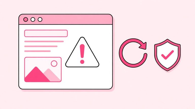 Illustration of a browser warning sign next to an update arrow and a security shield