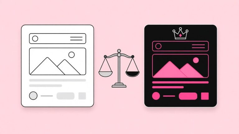 Illustration comparing a basic free website layout with a premium layout on a balance scale