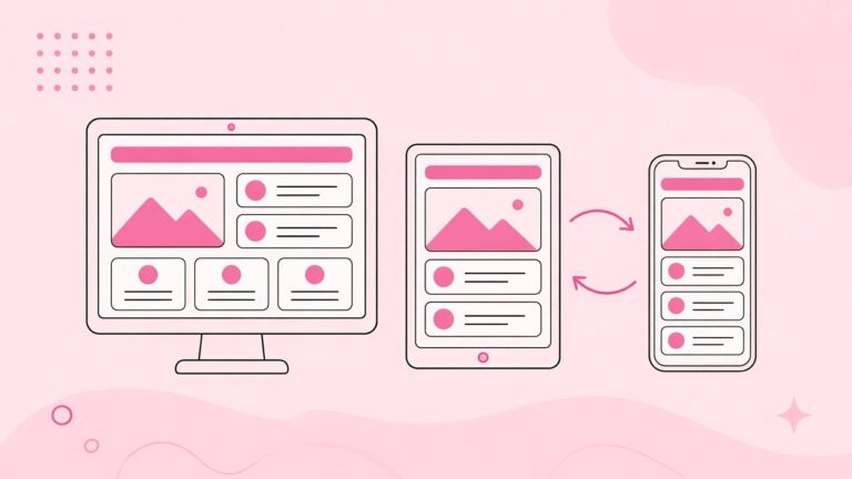Illustration of a website layout adapting across desktop, tablet and phone screens