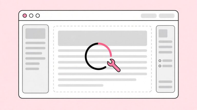 Illustration of a website editor stuck on a loading spinner with a repair wrench
