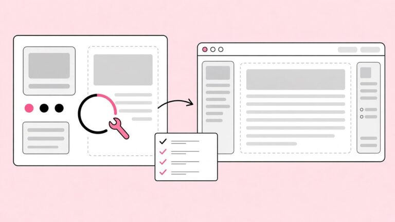 Illustration of a design file turning into a website layout with a checklist