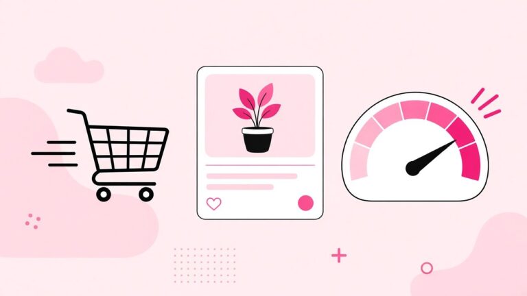 Illustration of a shopping cart, a product card and a speed gauge for a faster online store