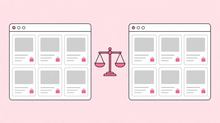 Illustration of two online store layouts compared on a balance scale
